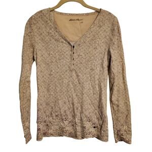 Eddie Bauer Floral Gray Long Sleeve Henley Top Size Small